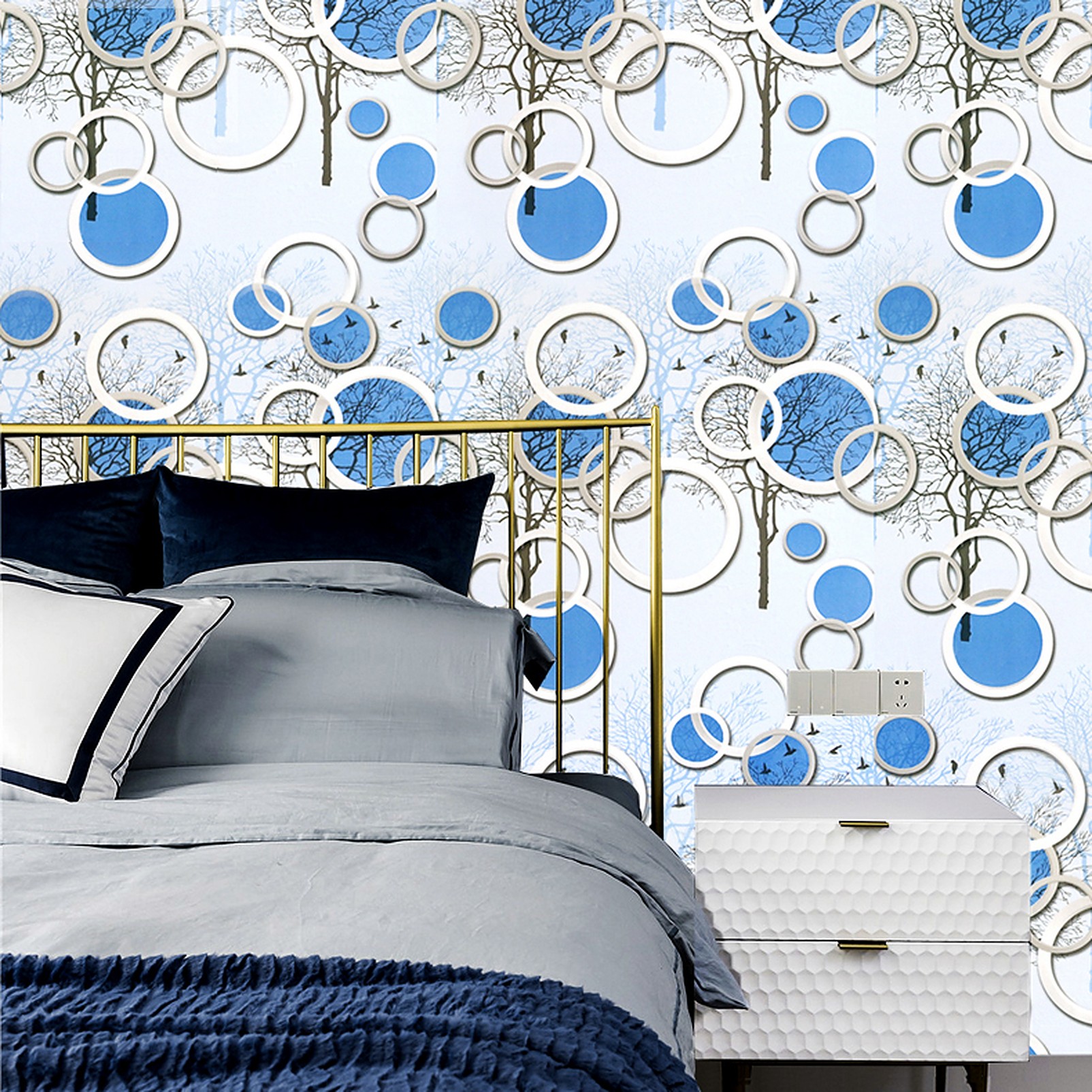 Wolpin Wall Stickers DIY Wallpaper (45 x 500 cm) 3D Circles and Trees