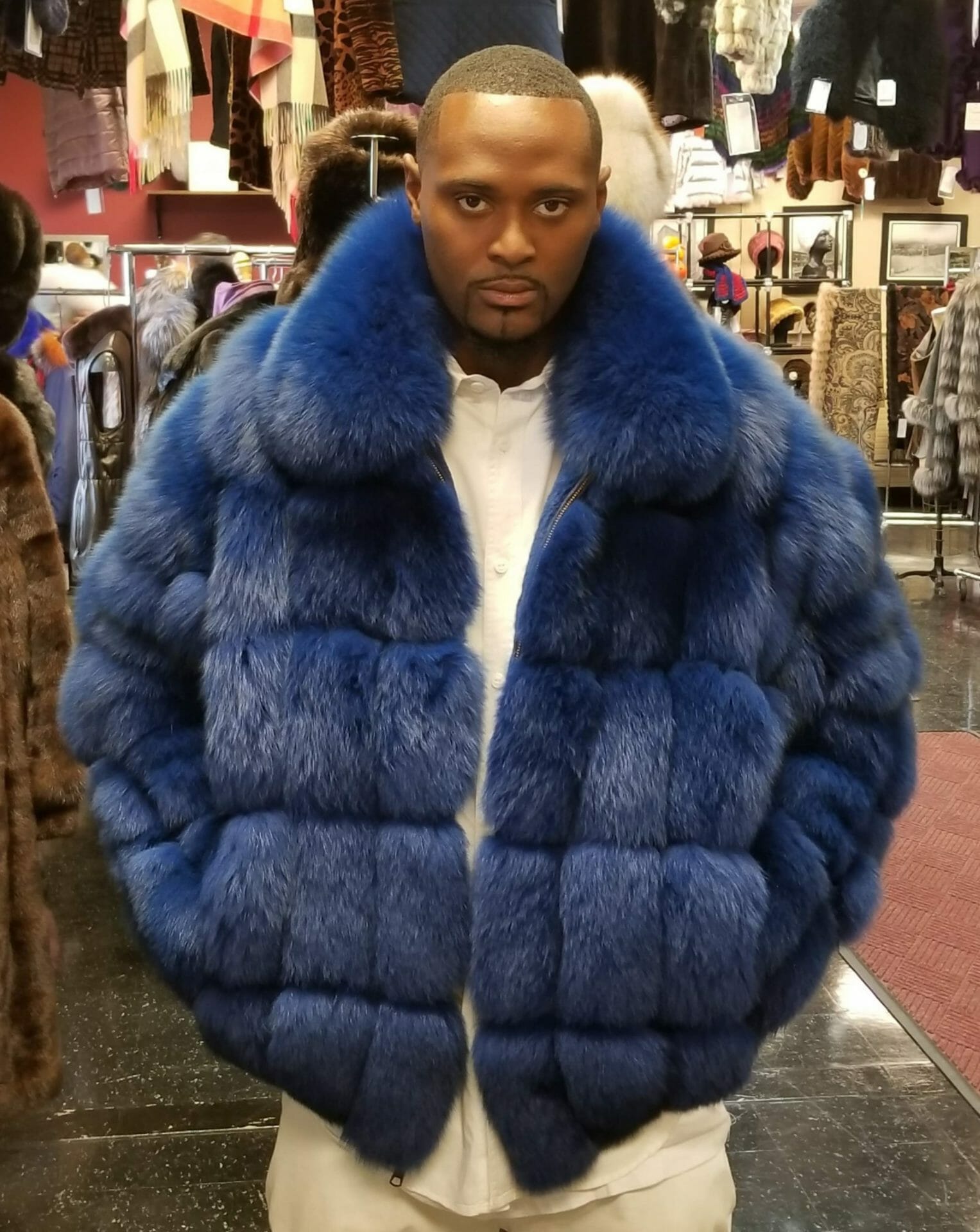 Dyed Blue Fox Bomber Jacket Wolverine Furs