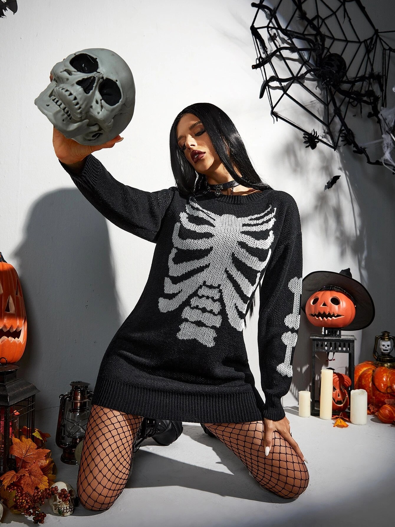 SHEIN Skeleton Pattern Drop Shoulder Sweater Dress ⋆ Women's Store