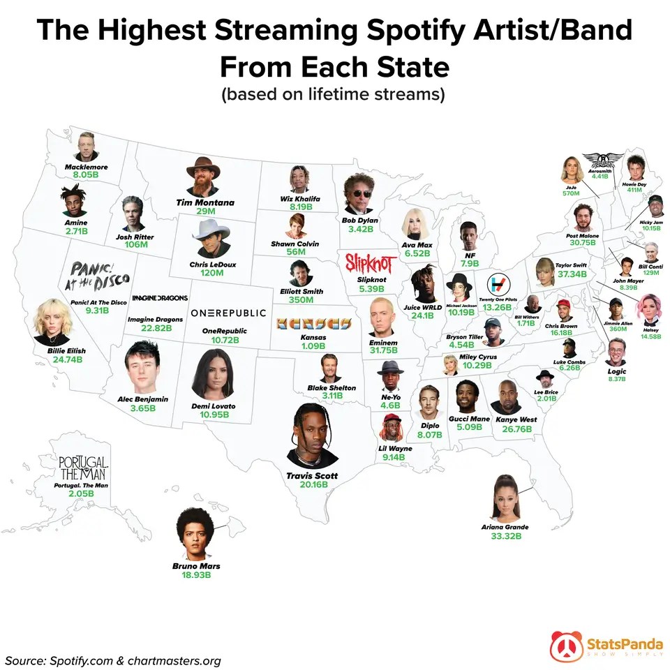 United States Map Spotify’s MostPlayed American Artists