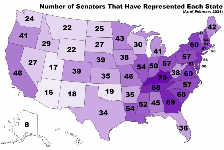 Number of U.S. Senators That Have Represented Each State