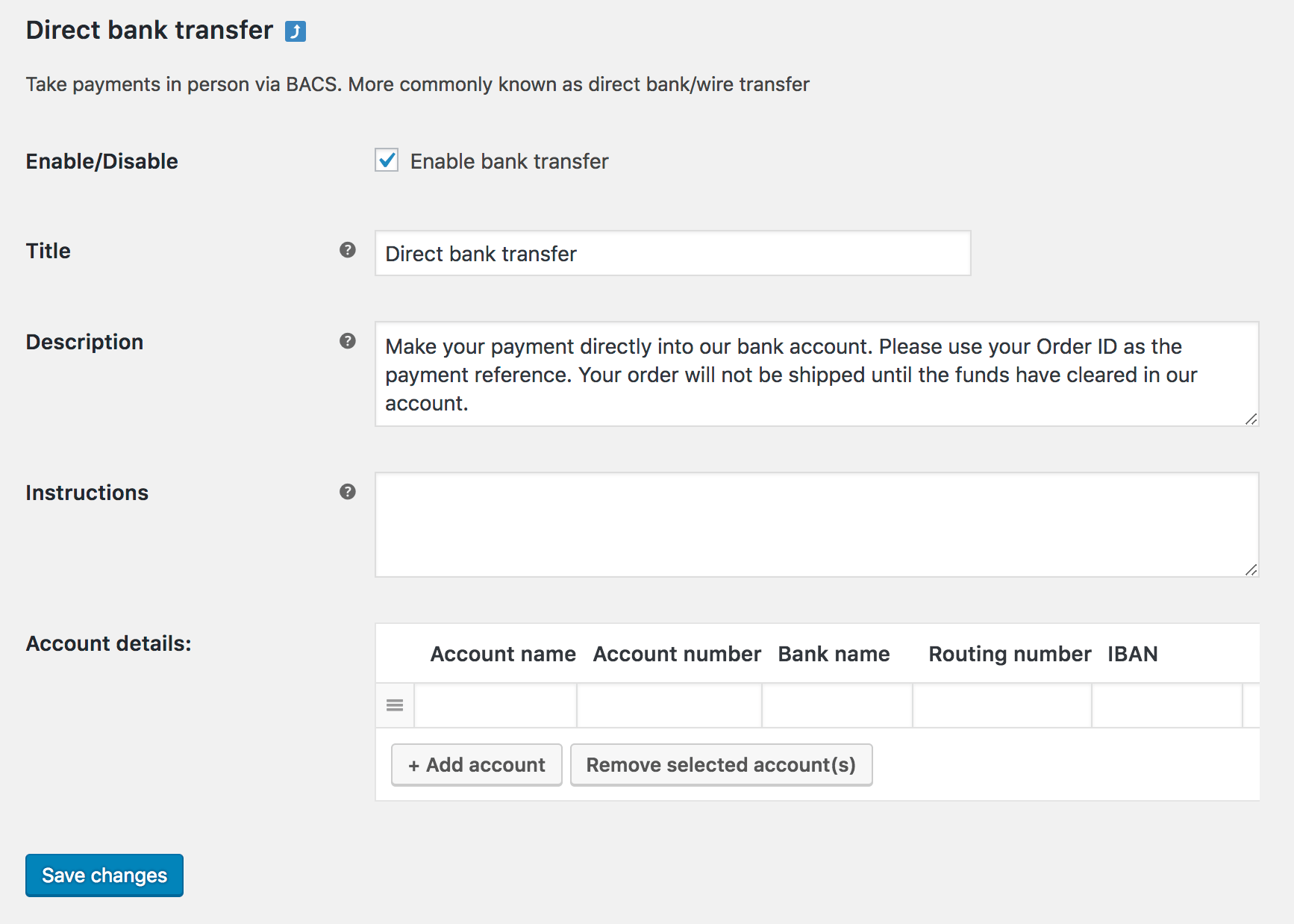 Direct Bank Transfer (BACS) Documentation