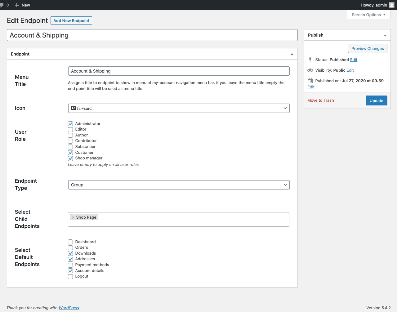 My Account Page Plugin edit, customize endpoints