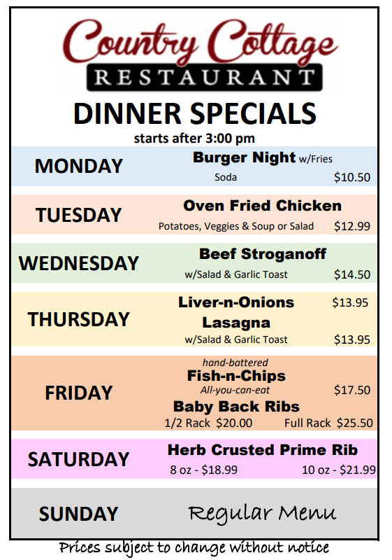 Country Cottage Dinner Specials Woodburn Estates & Golf