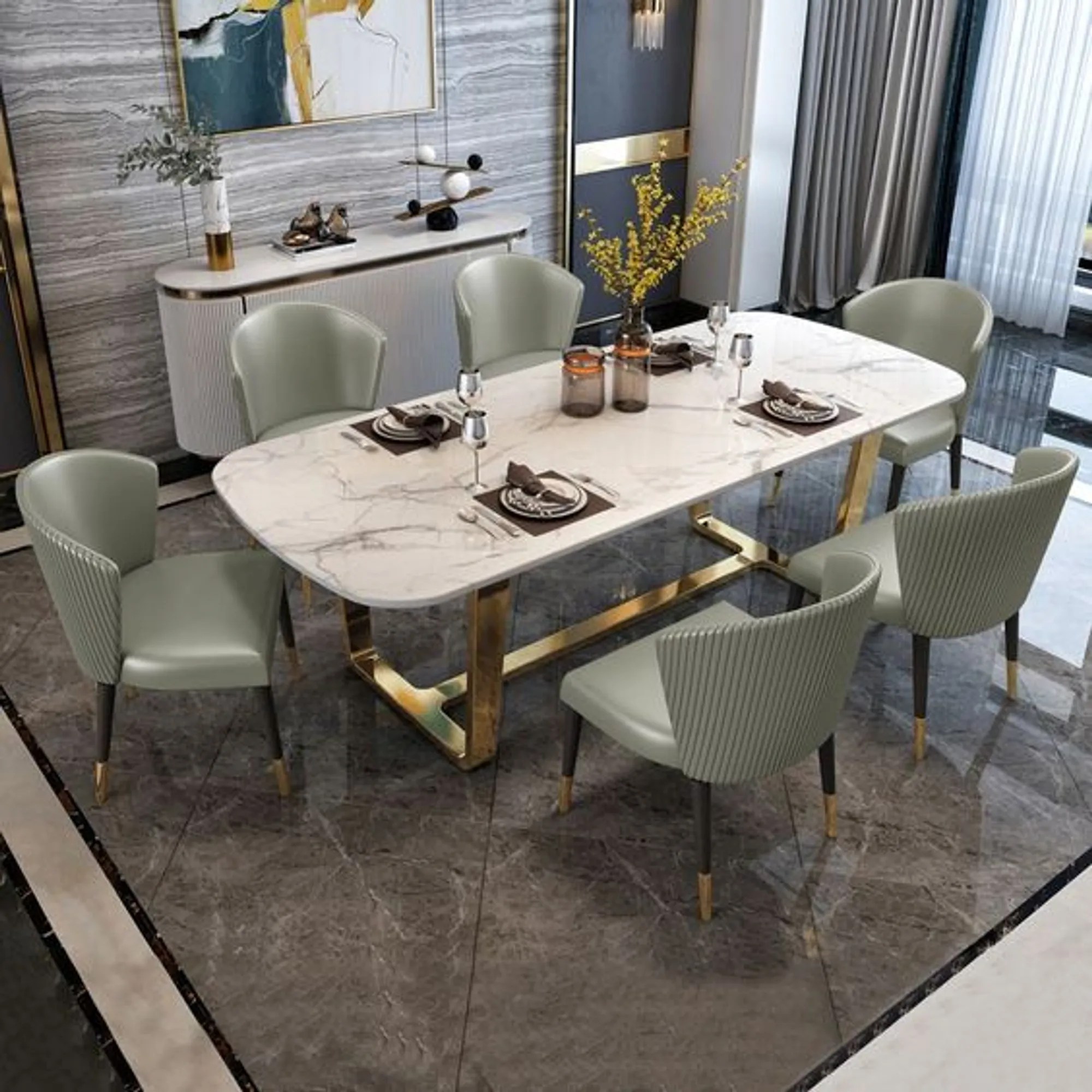 Latest Marble Top Dining Table Design With Beautiful Chairs Set