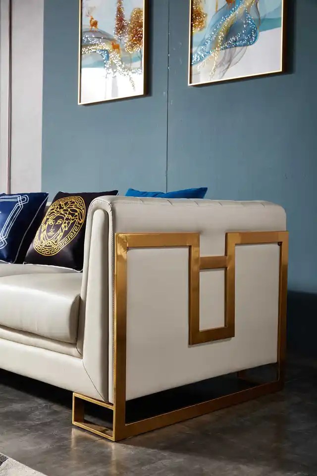 Latest Metal Base Sofa Set Design with Metal Work on Arm Side.