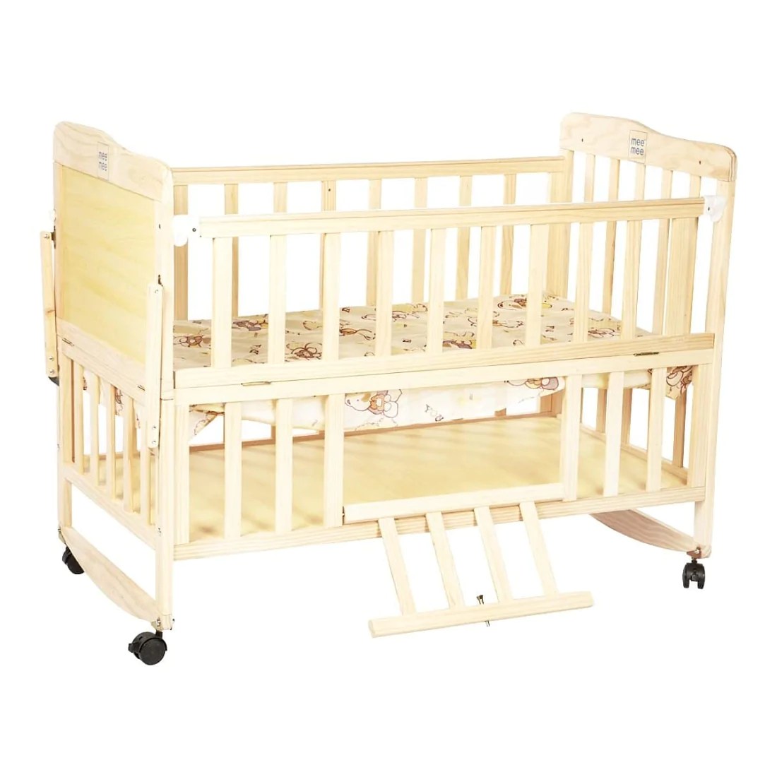 Mee Mee Rocking Wooden Baby Cot With Mosquito Net Adjustable Height