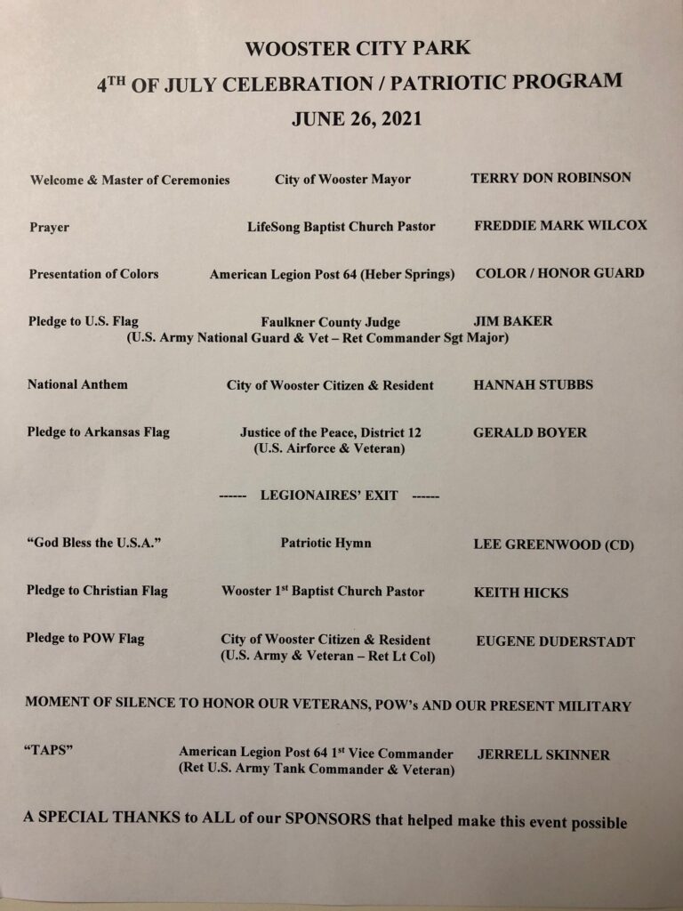 PATRIOTIC PROGRAM TO BEGIN AT 800PM AT WOOSTER CITY PARK ON SAT JUNE