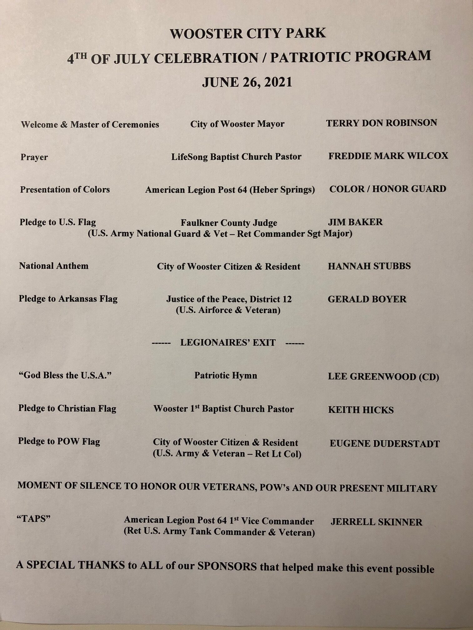 PATRIOTIC PROGRAM TO BEGIN AT 800PM AT WOOSTER CITY PARK ON SAT JUNE