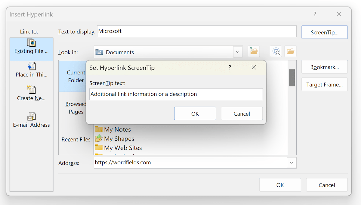 Inserting a Hyperlink in Word WordFields