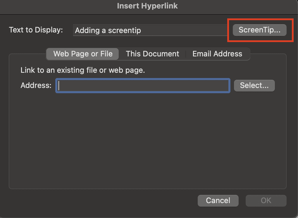 How to insert a screen tip in word online?