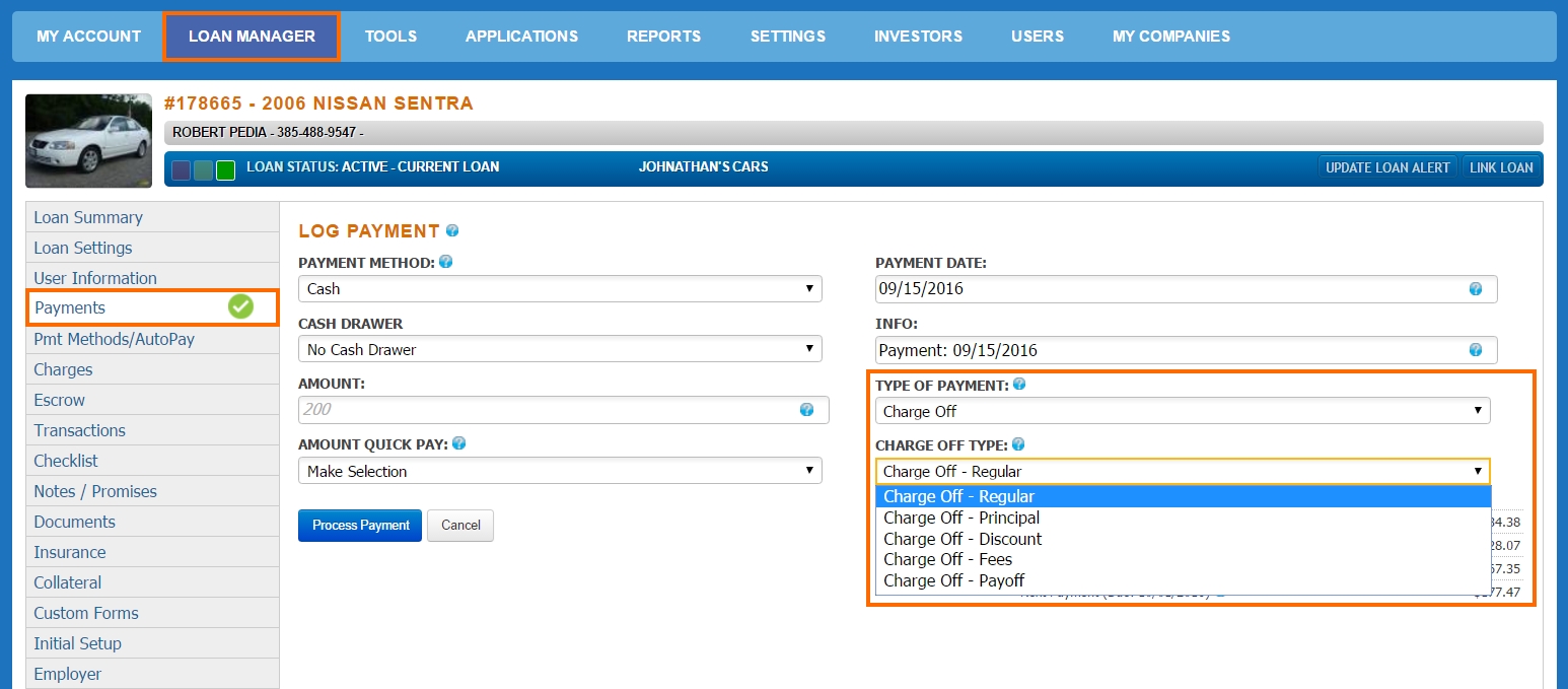 Log a ChargeOff Payment AutoPal Software