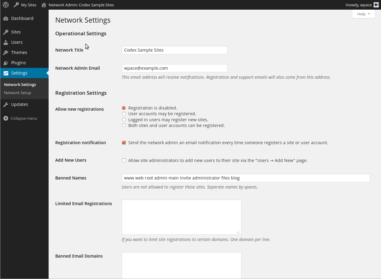 Network Admin Settings Screen Documentation