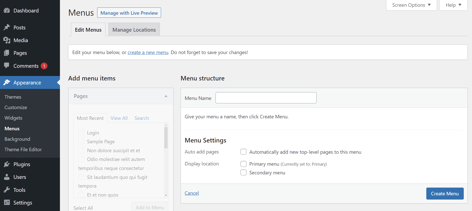 Appearance Menus Screen Documentation