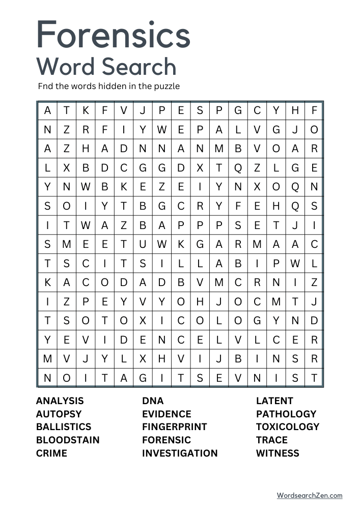 Forensics Word Search Free Printable PDF File - WordsearchZen.com