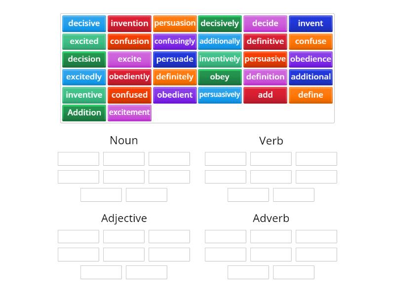 Noun, verb, adjective or adverb Group sort