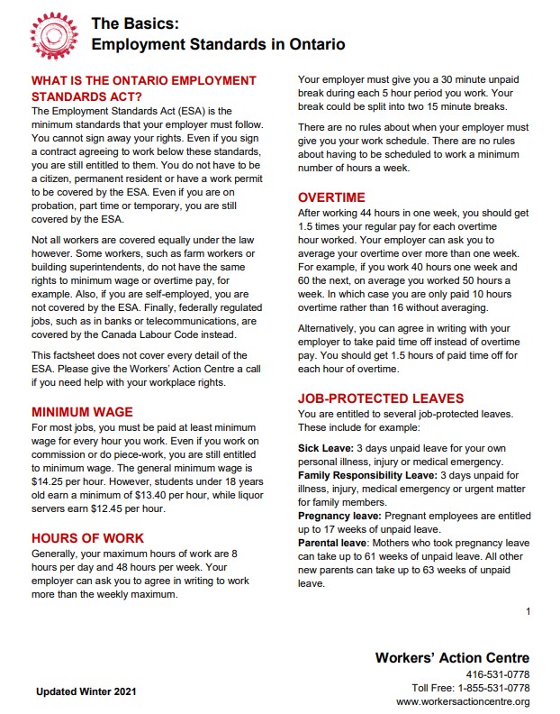 The Basics Employment Standards in Ontario