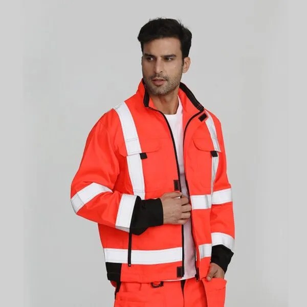 85Polyester15Cotton Orange Work Jacket With Reflective Stripes