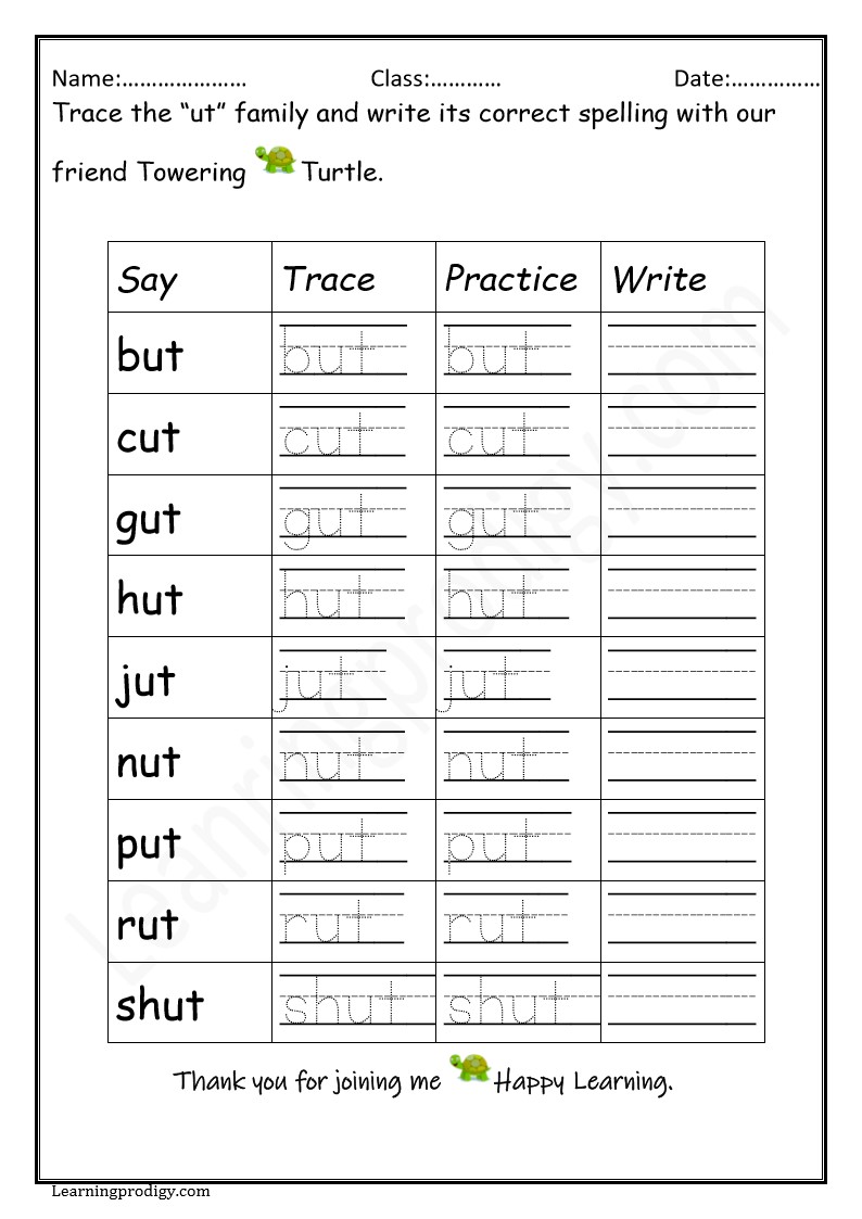 Free Printable CVC Worksheet for School Students “UT” Word Family