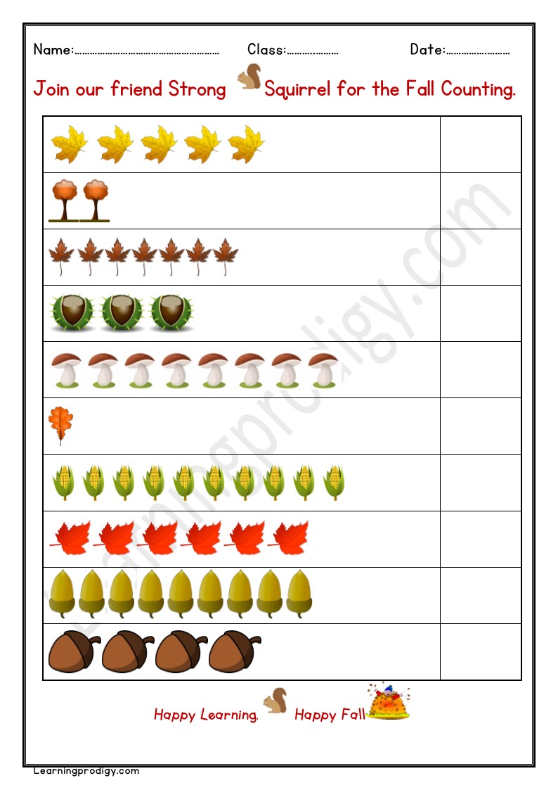 Free Printable Fall Counting Worksheet for Grade One worksheet