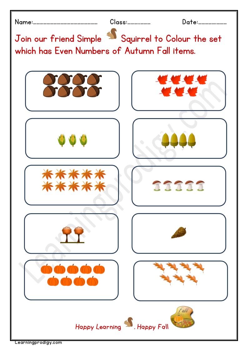 Free Printable Autumn Math Worksheet Even Number with Picturess