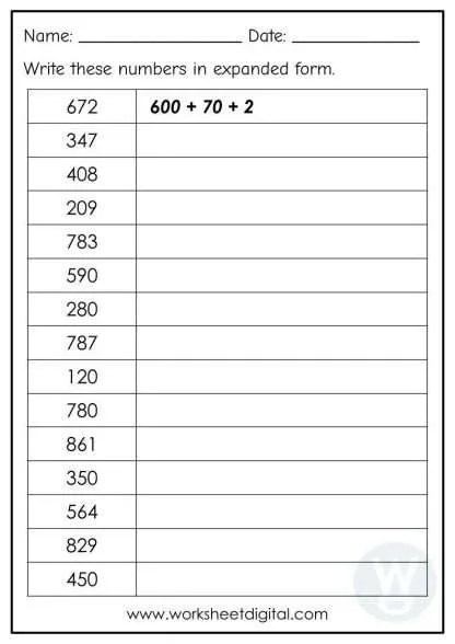 Expanded Forms Numbers to 1000 - Worksheet Digital