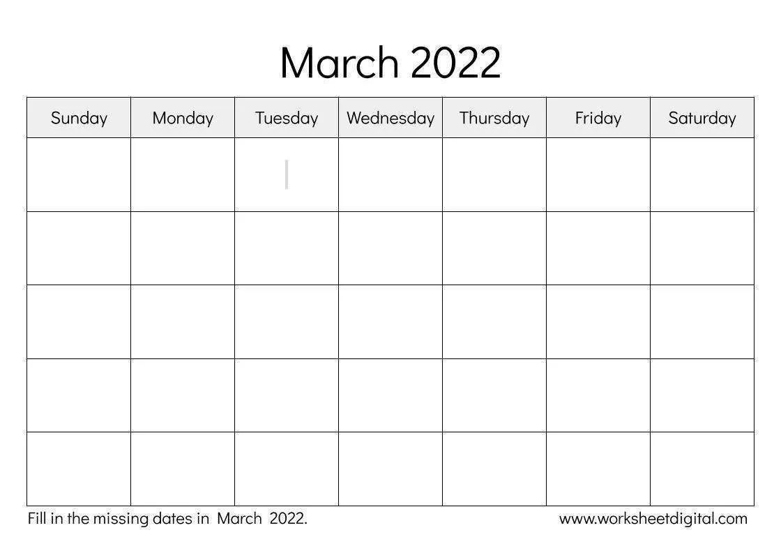 Calendar March 2022 Worksheet Digital