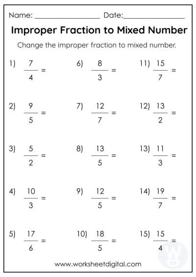 Converting Mixed Numbers to Improper Fractions - Worksheet Digital | #1