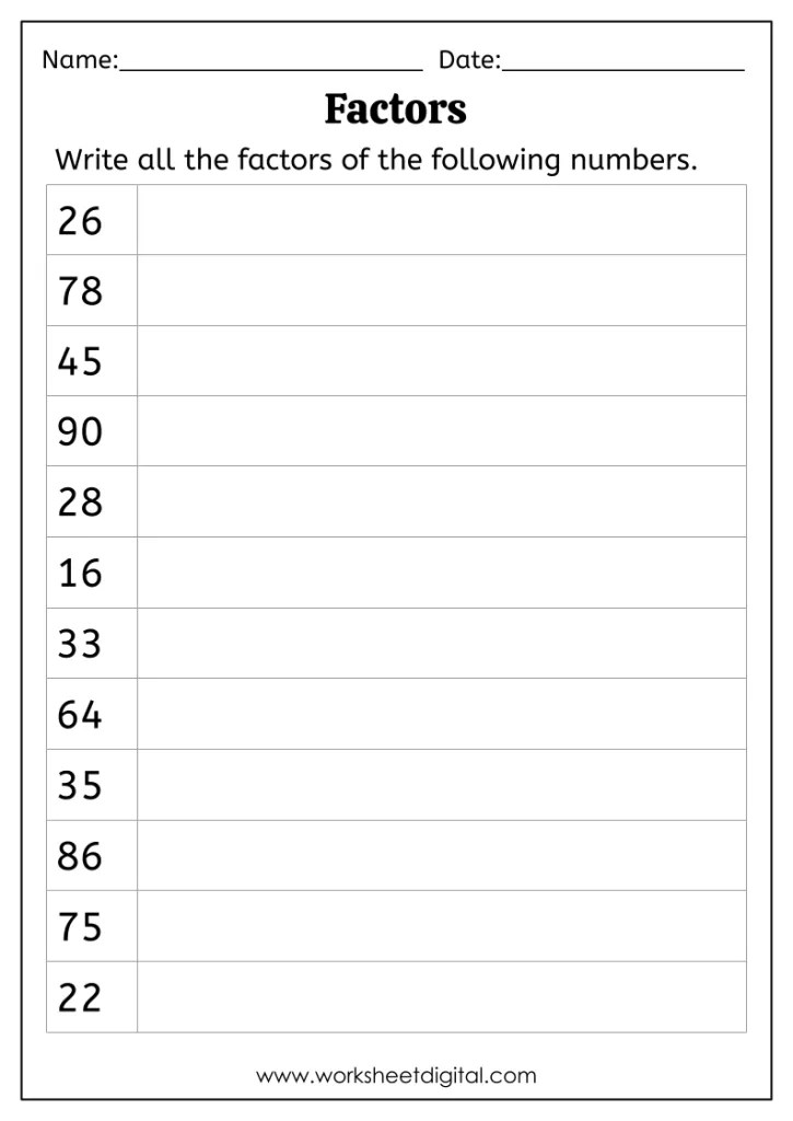 Factors and Multiples Worksheet Digital
