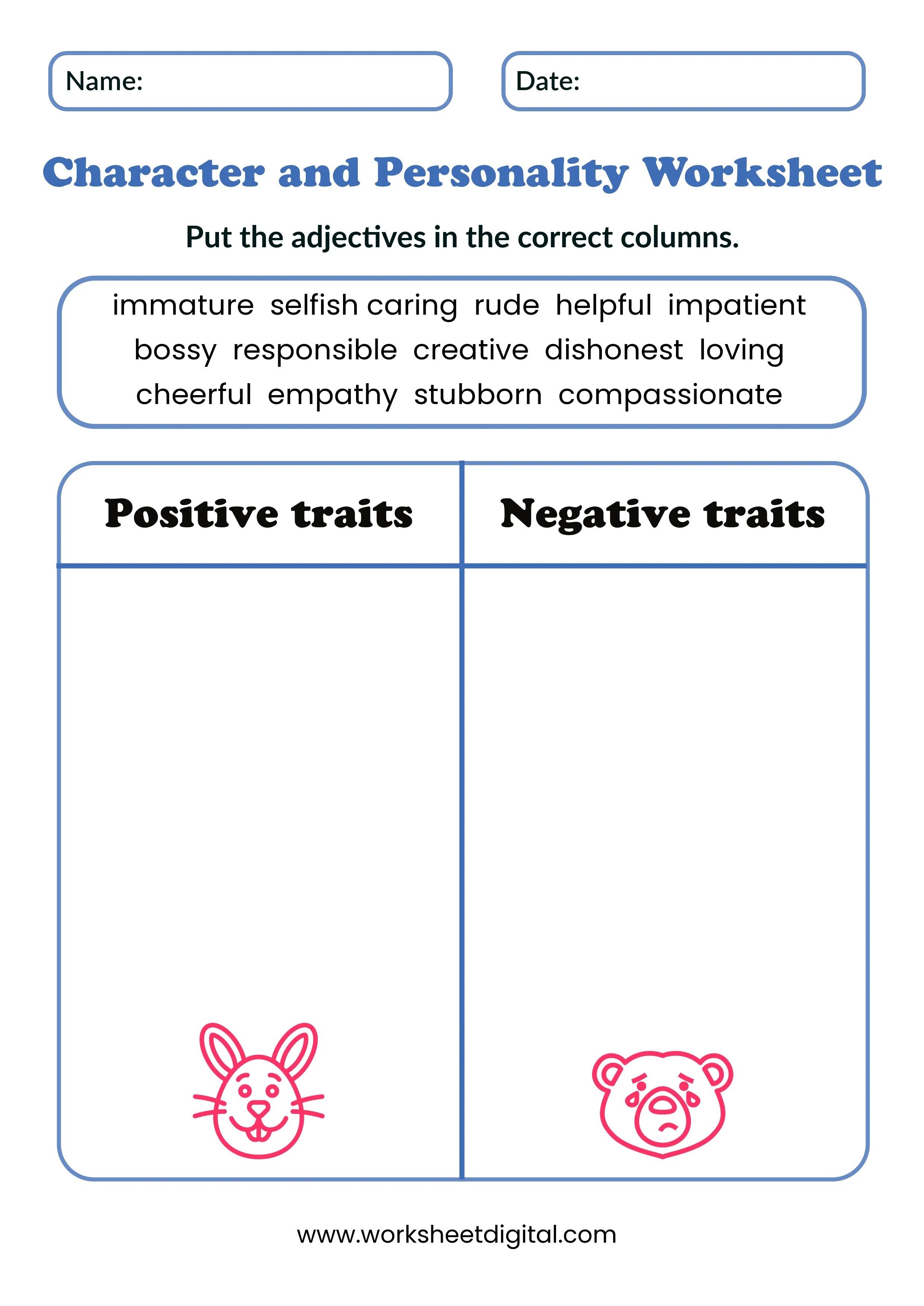 Character and Personality Worksheet Worksheet Digital