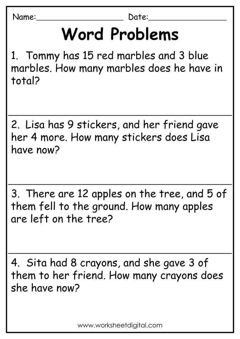 Word Problems Worksheets 1st Grade Addition Word Problems Worksheets