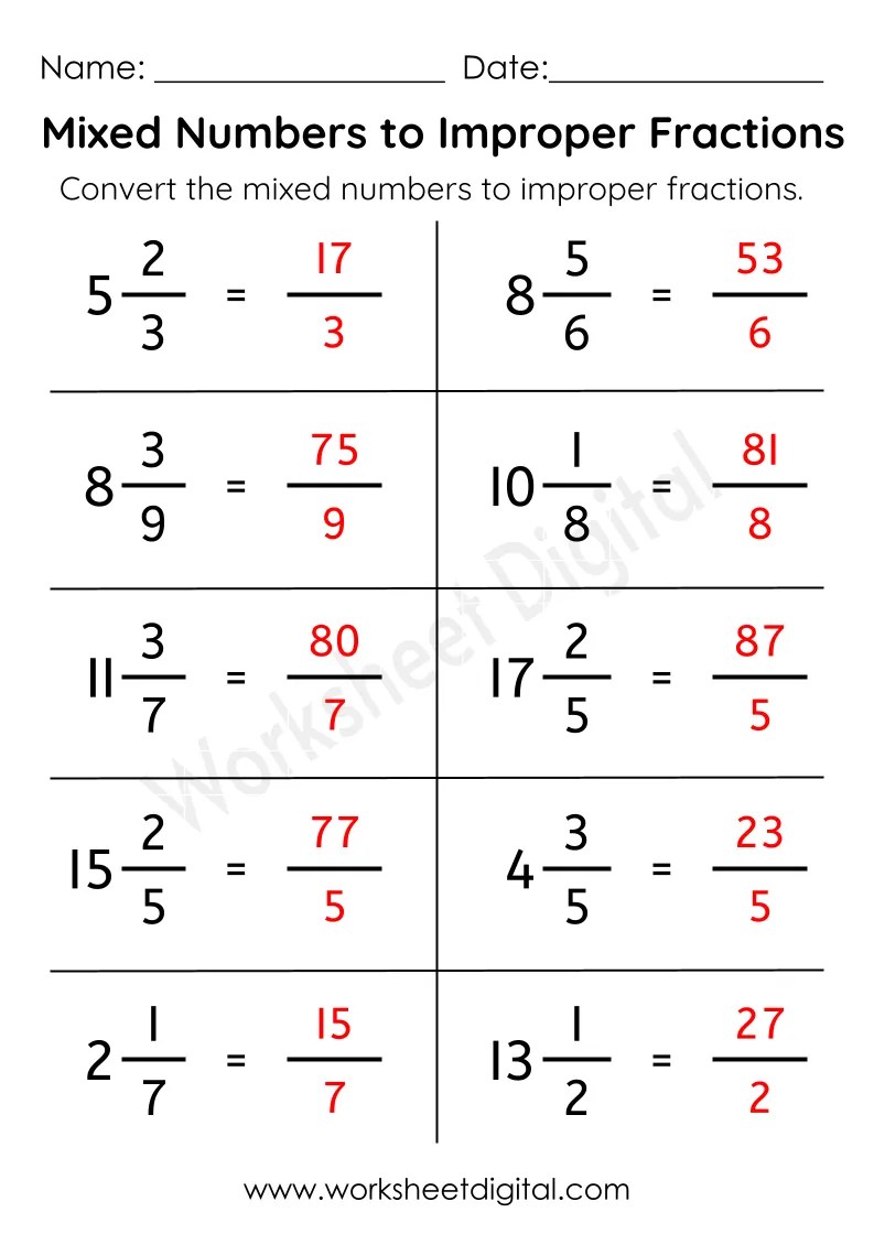 Converting Mixed Numbers to Improper Fractions Worksheets - Worksheet