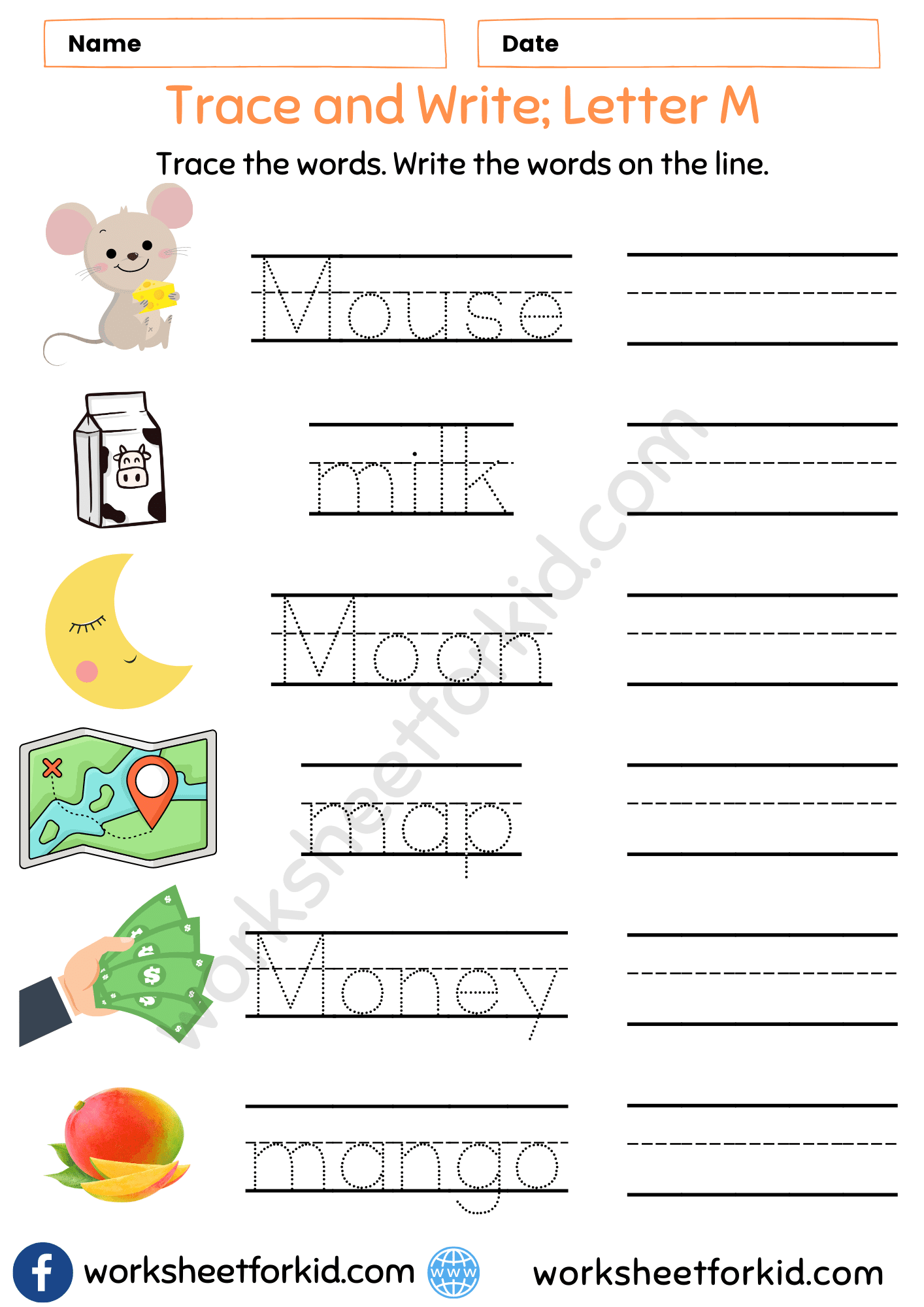 Trace and Write Words Worksheet-Letter M - WorksheetForKid