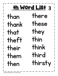 Word Lists for Digraph Sounds Worksheets