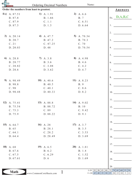 Decimals Least To Greatest Worksheets