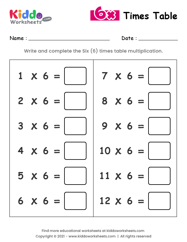 Free 6 times table worksheets at Timestables.co.uk Worksheets Library