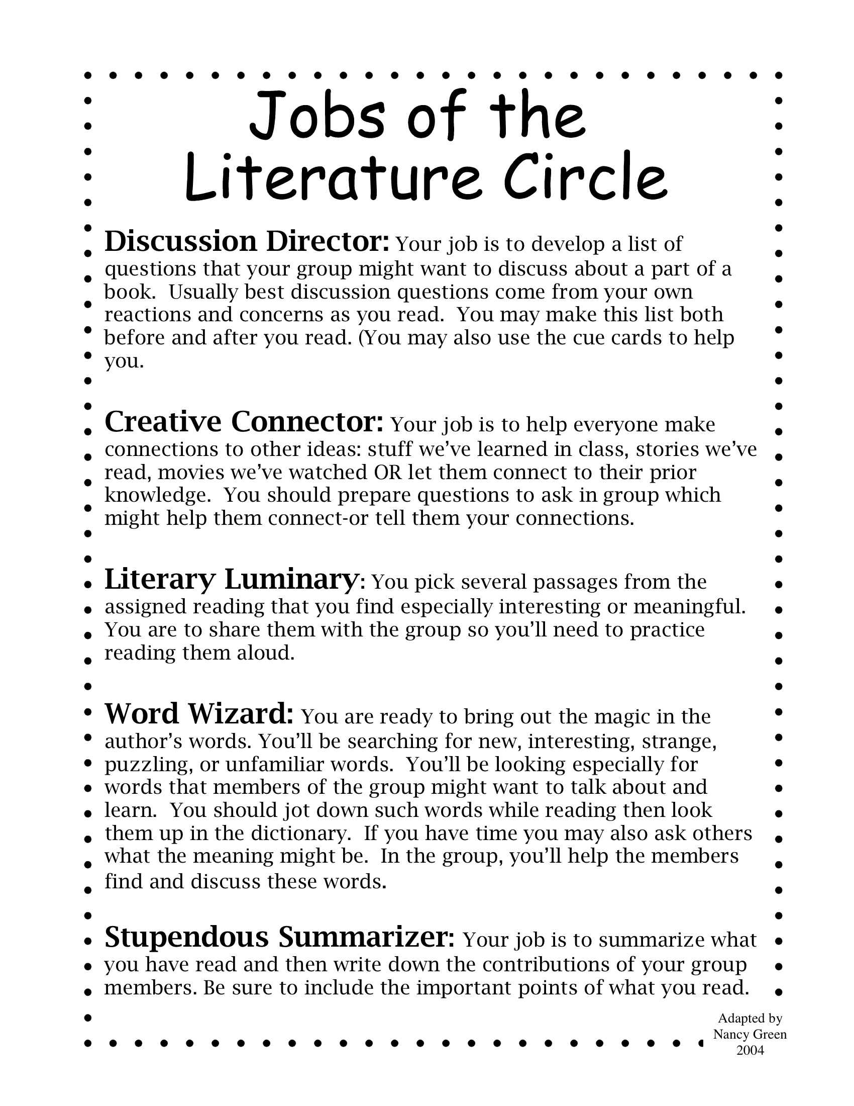 Literature Circle Role Writing Worksheet / Worksheet , worksheet