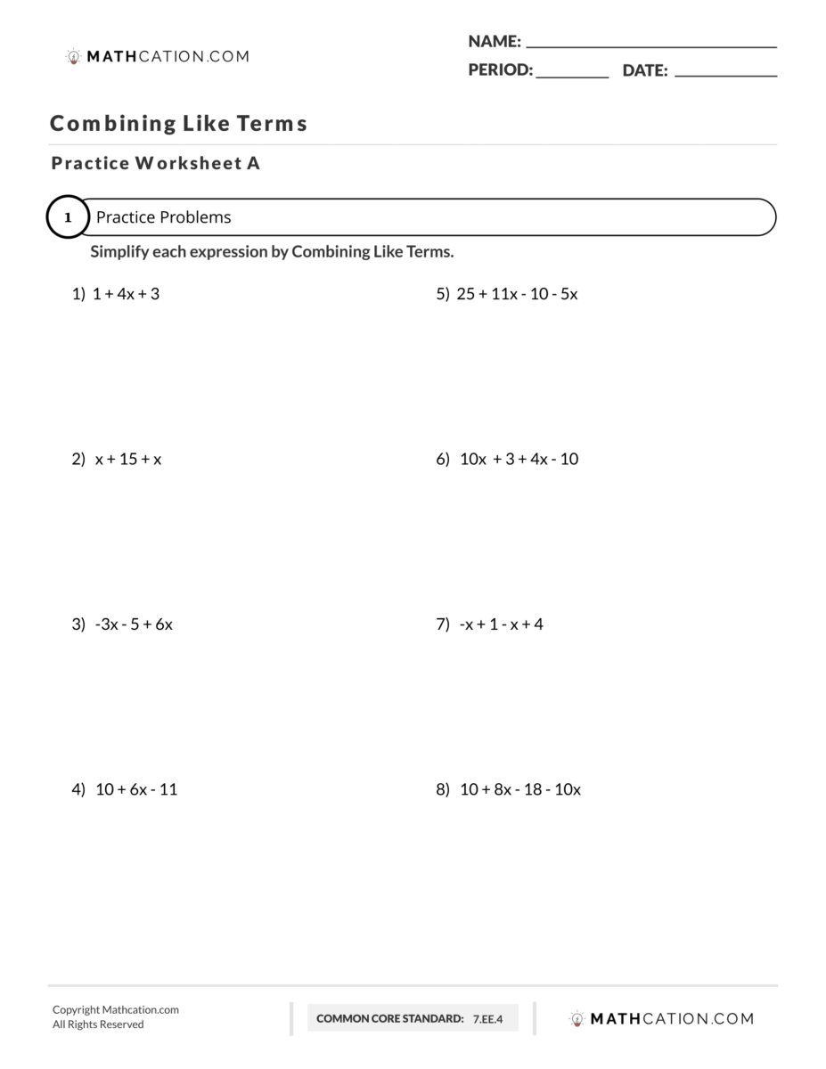 Combining Like Terms - Worksheets Library