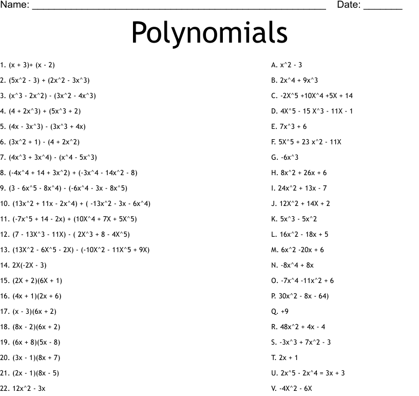 Operations with Polynomials worksheets Worksheets Library