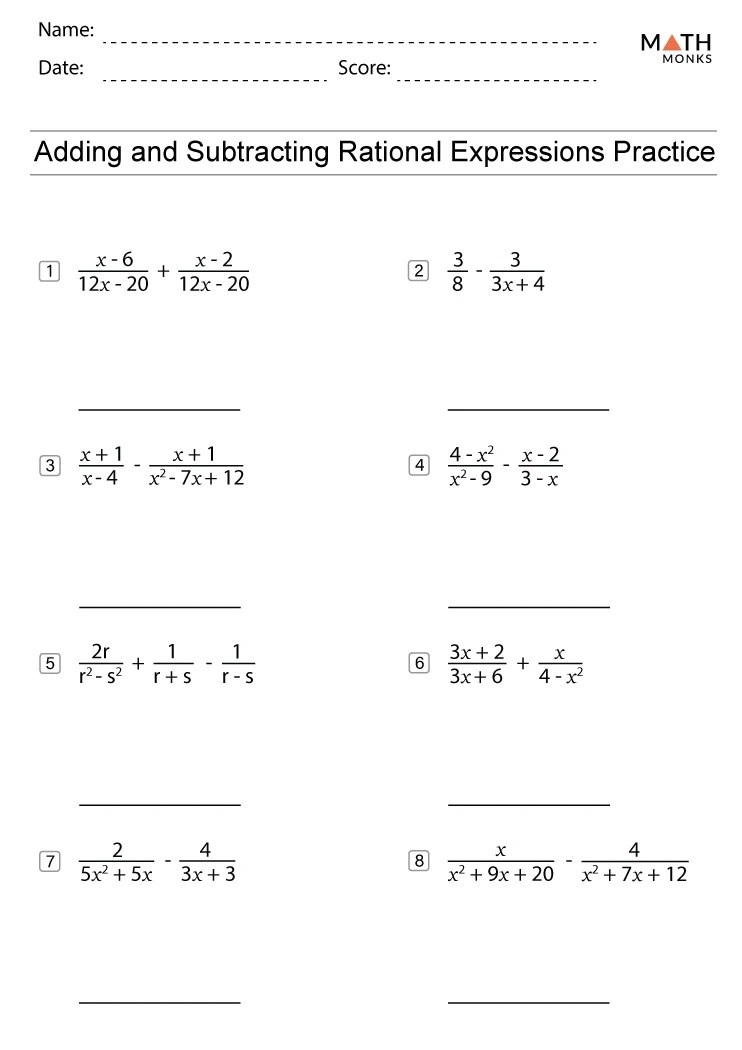 Adding and Subtracting Rational Expressions Worksheets - Math Monks