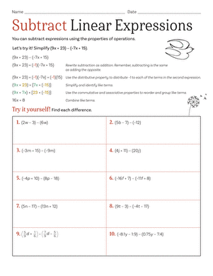 Subtract Linear Expressions | Worksheet | Education.com - Worksheets