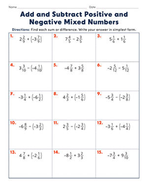 Add and Subtract Positive and Negative Mixed Numbers | Worksheet