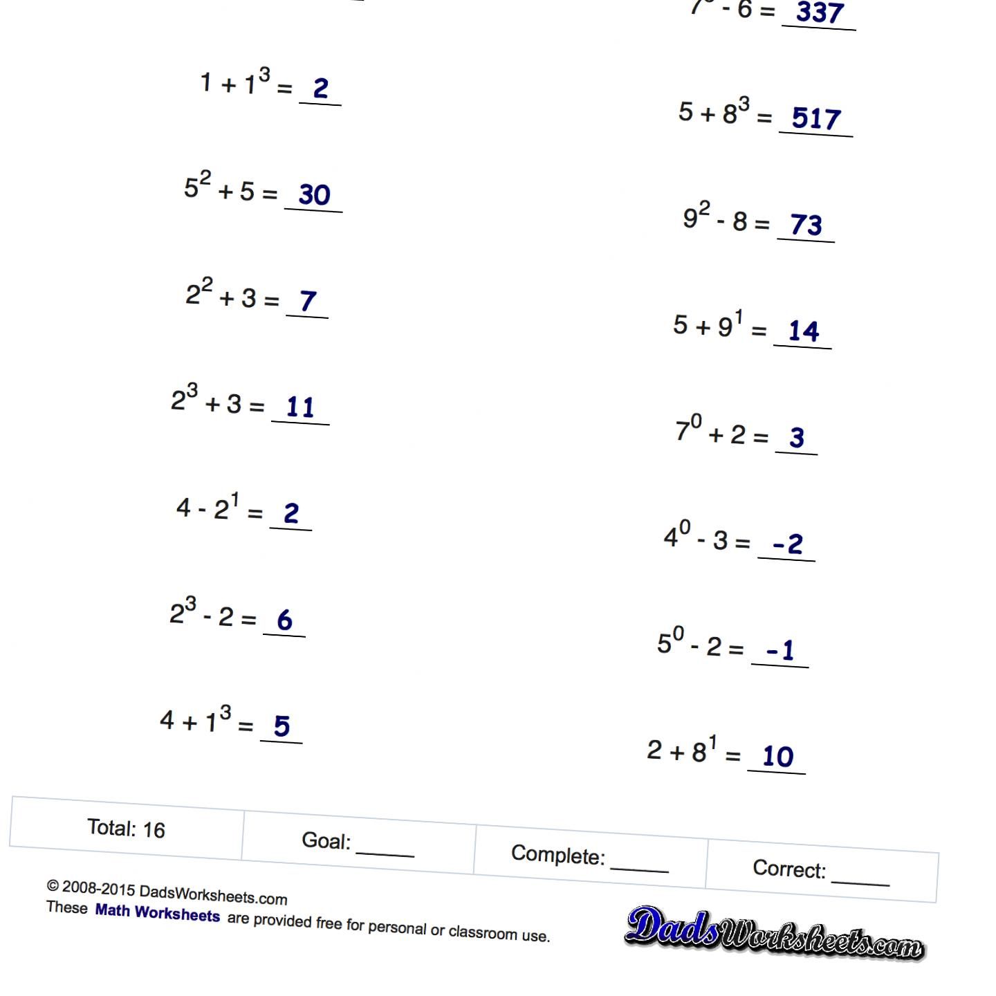 Math Worksheets: Mixed Addition And Subtraction with Exponents