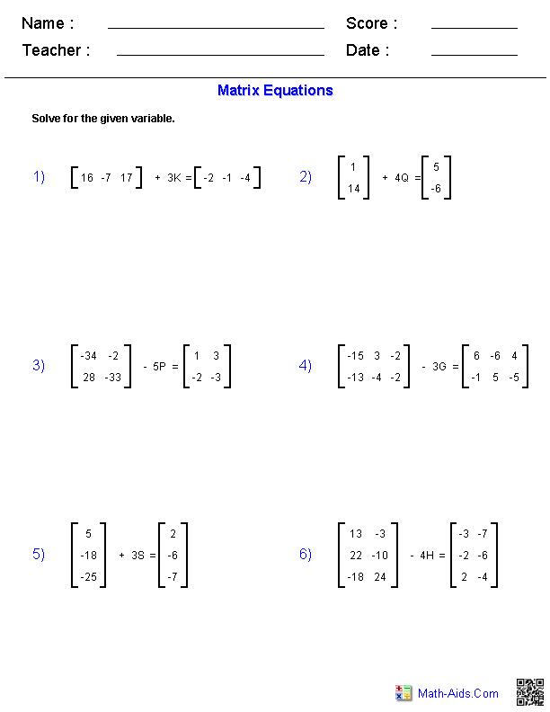 Algebra 2 Worksheets | Matrices Worksheets - Worksheets Library