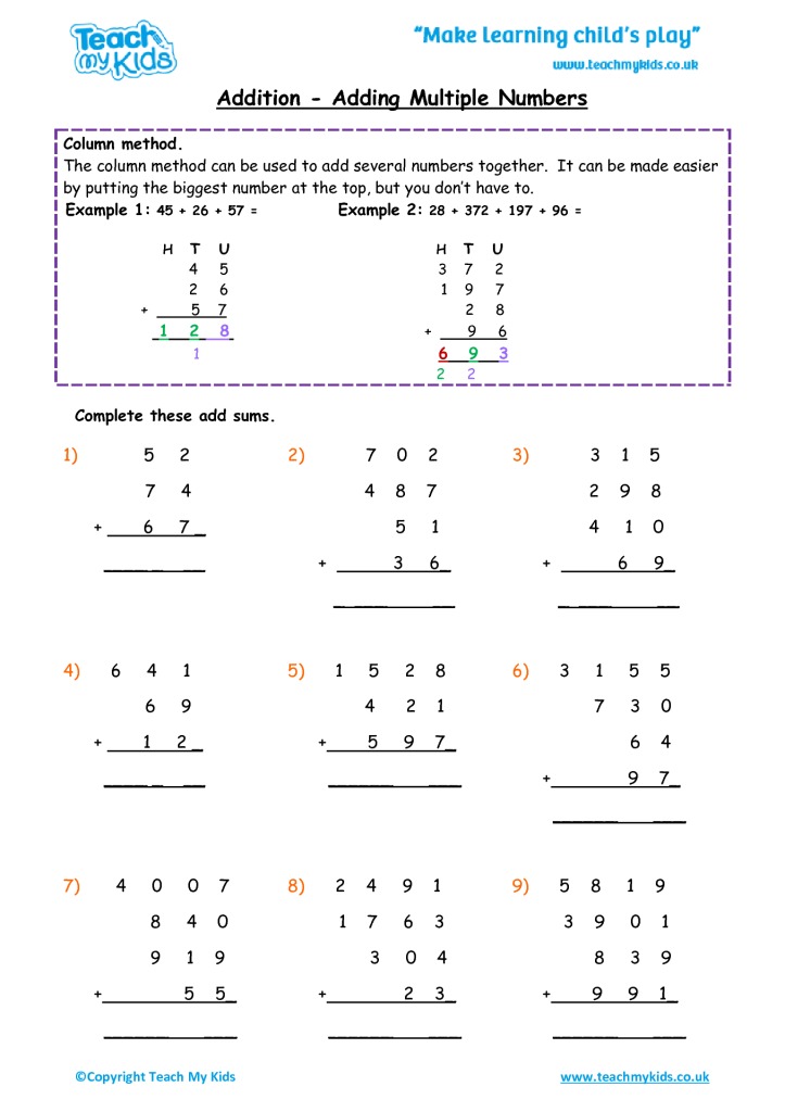 Adding Three Two-Digit Numbers (A) - Worksheets Library
