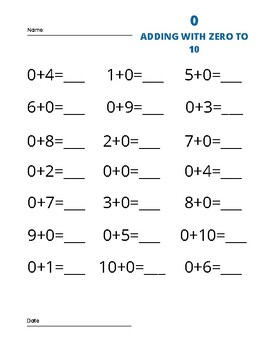 Adding Zero With The Other Addend From 0 to 9 – 50 Questions (A