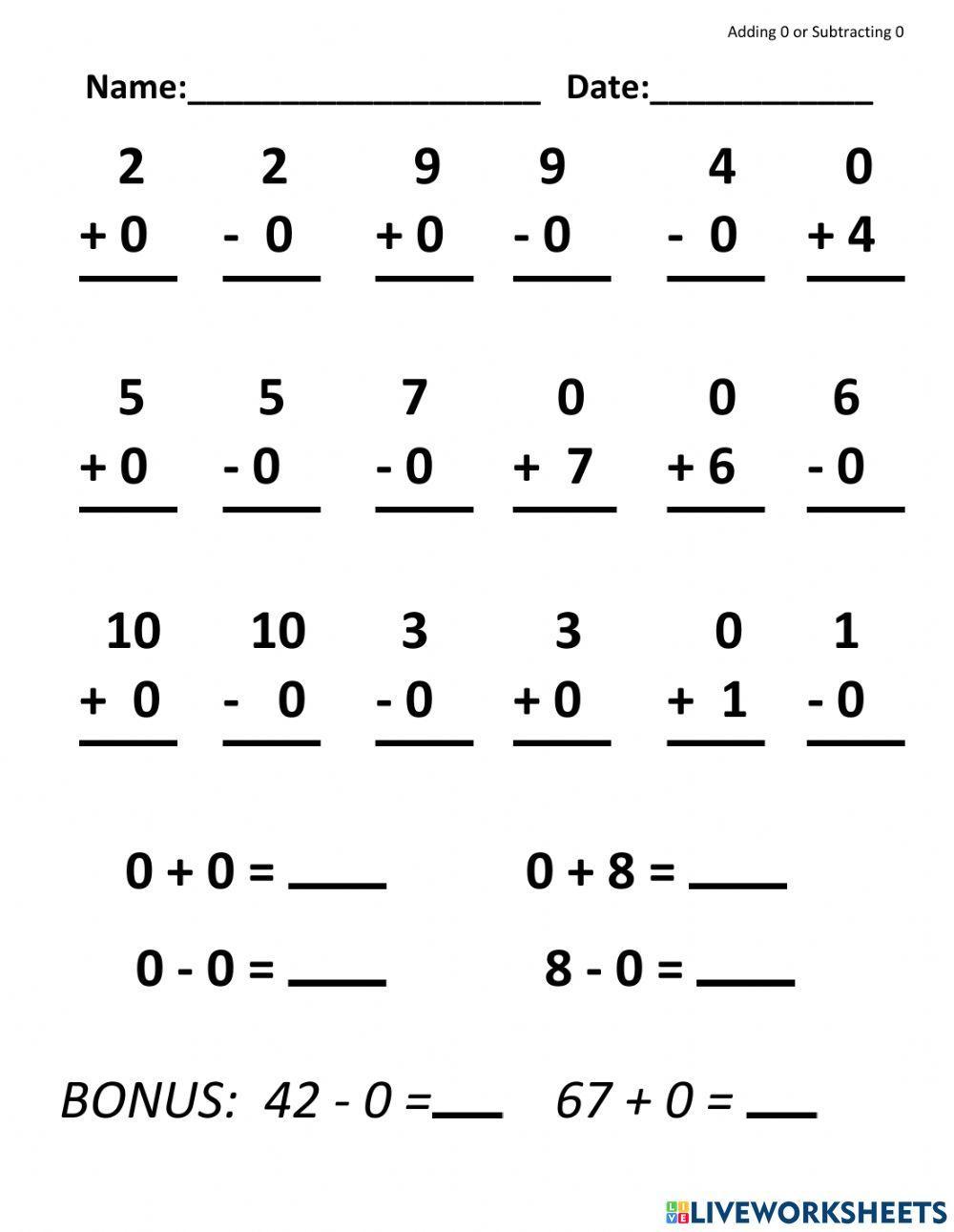 Adding Zero With The Other Addend From 0 to 9 – 50 Questions (A