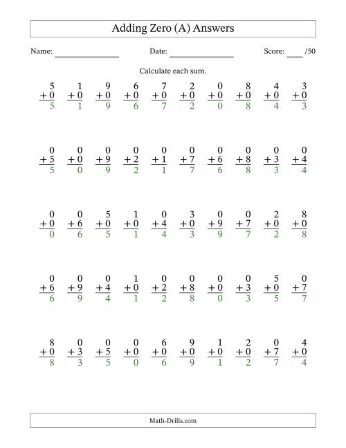 Adding Zero With The Other Addend From 0 to 9 – 50 Questions (A
