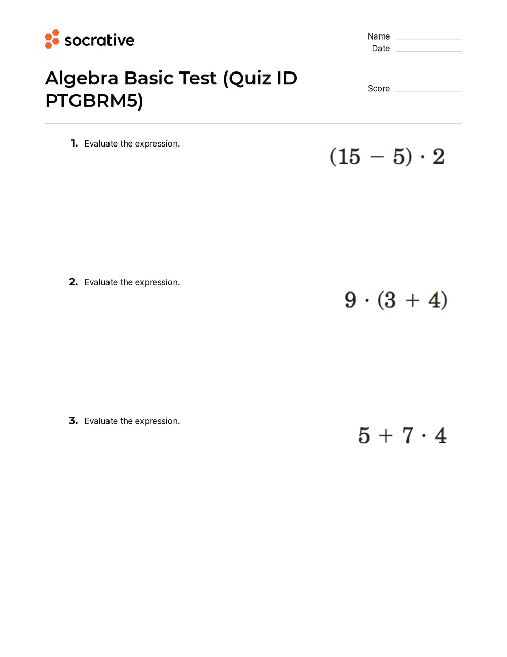 Algebra Basic Test Quiz Shop Worksheets Library