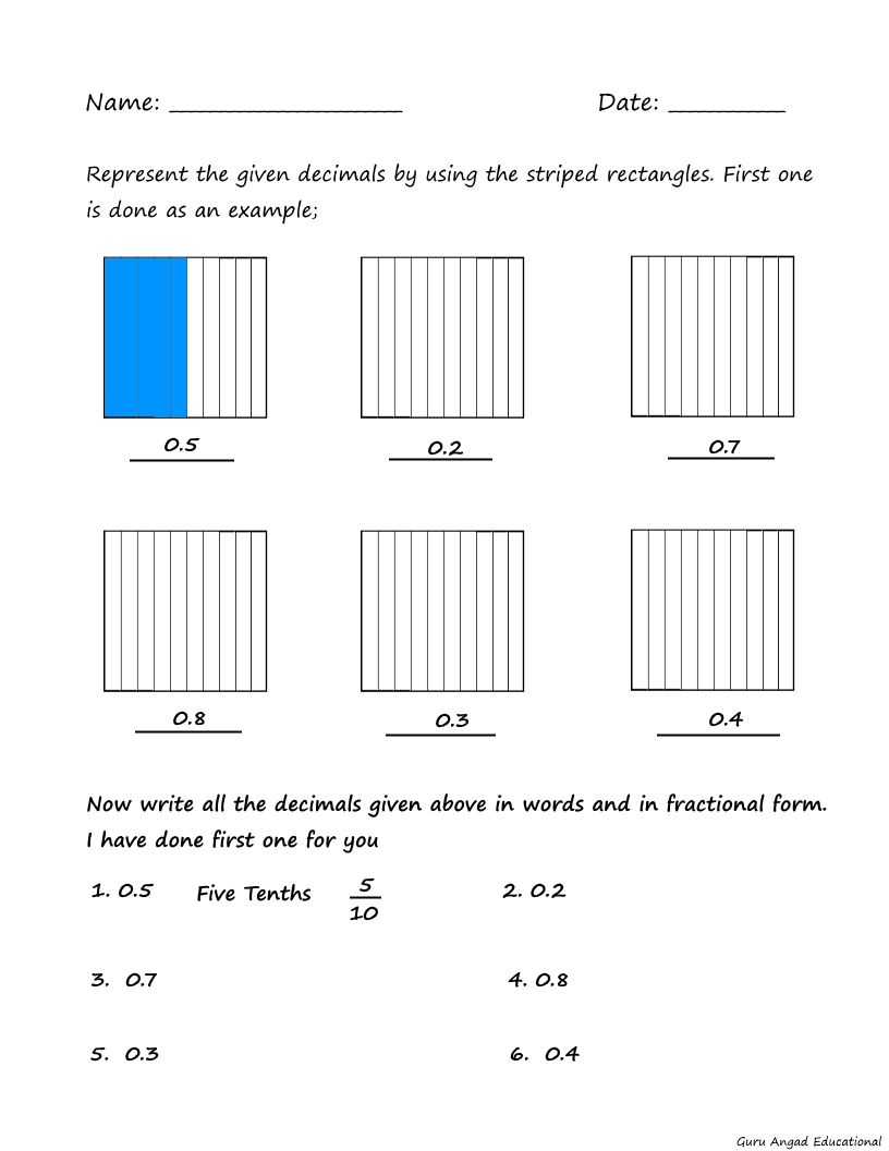 4TH GRADE MATH - WORKSHEETS ON BASIC CONCEPT OF DECIMALS
